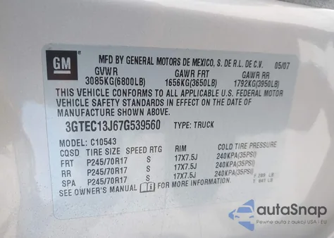 2007 GMC Sierra 1500 Sle2 z USA, uszkodzony, nr VIN 3GTEC13J67G539560